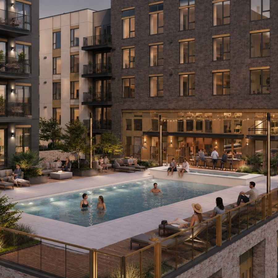 people in a rooftop pool